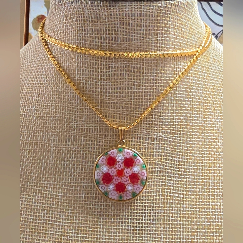 Millefiori Glass Disc Flower Pendant With Goldtone Vintage Necklace